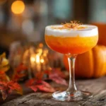 Candy corn cocktail in coupe glass with dried flower garnish and pumpkins