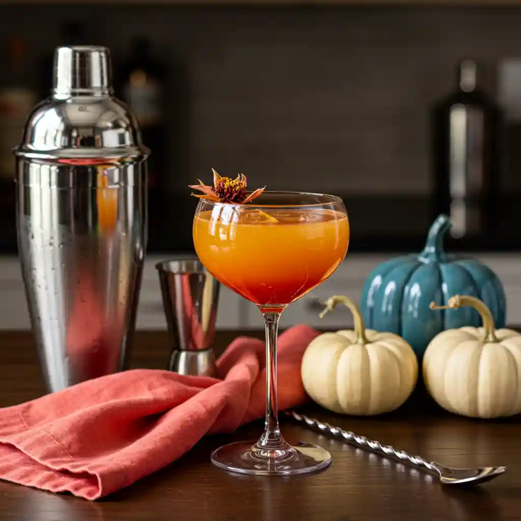 Candy Corn Cocktail with Layered Glow Layered gold Candy Corn cocktail in a coupe with dried flower on the dark walnut island beside the shared shaker and coral napkin.