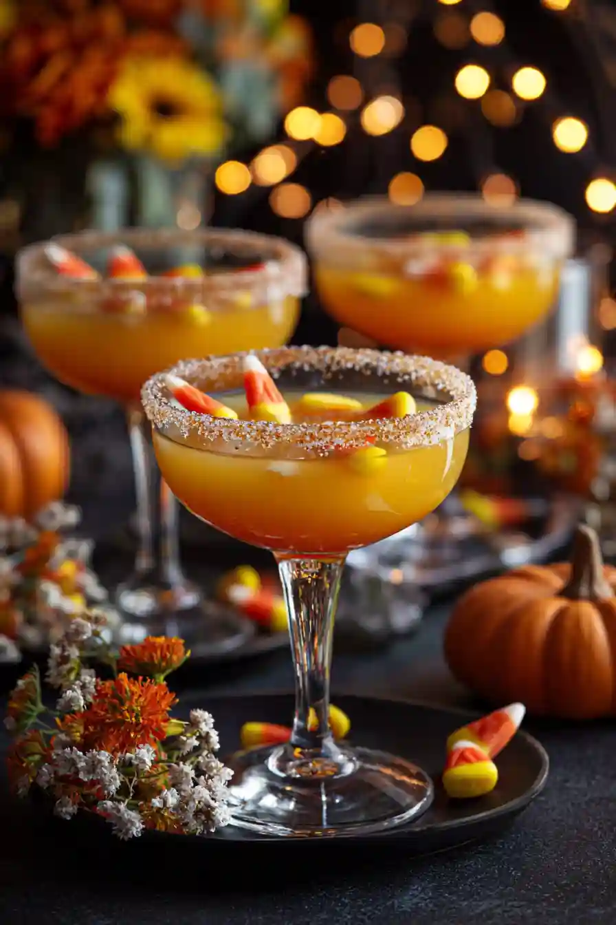 Candy Corn Cocktails Ready for Halloween Party_compressed Multiple candy corn cocktails on a Halloween-themed table