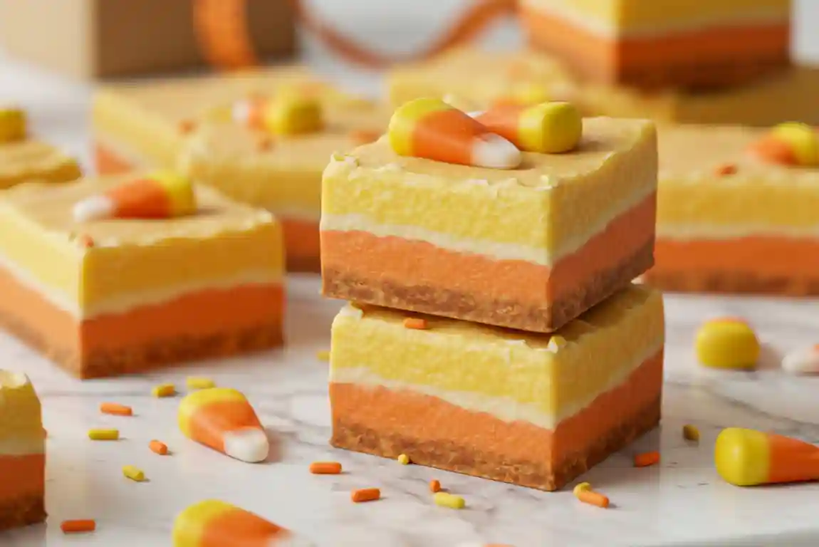 Candy Corn Fudge Neat squares of layered yellow, orange, and white candy corn fudge on marble