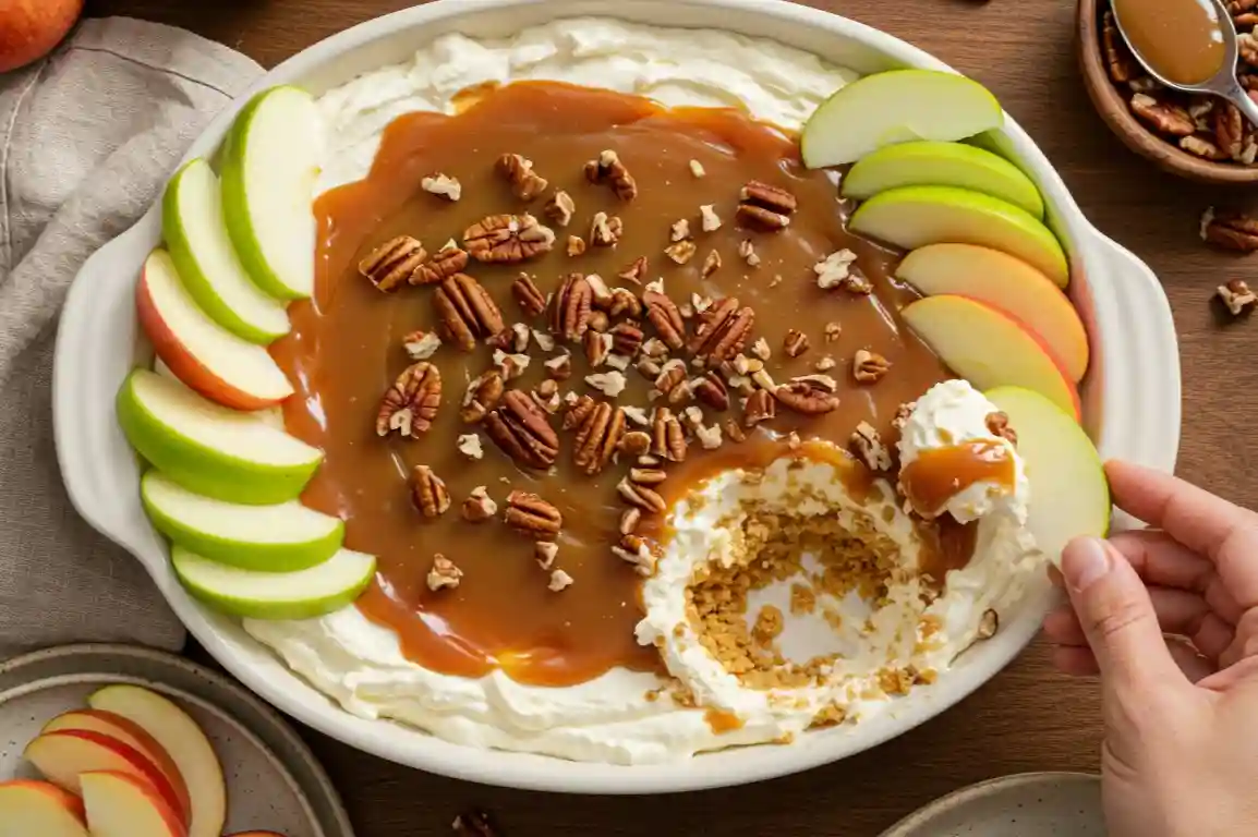 Caramel Apple Cheesecake Dip Shallow dish of cheesecake dip topped with caramel and pecans, surrounded by sliced apples