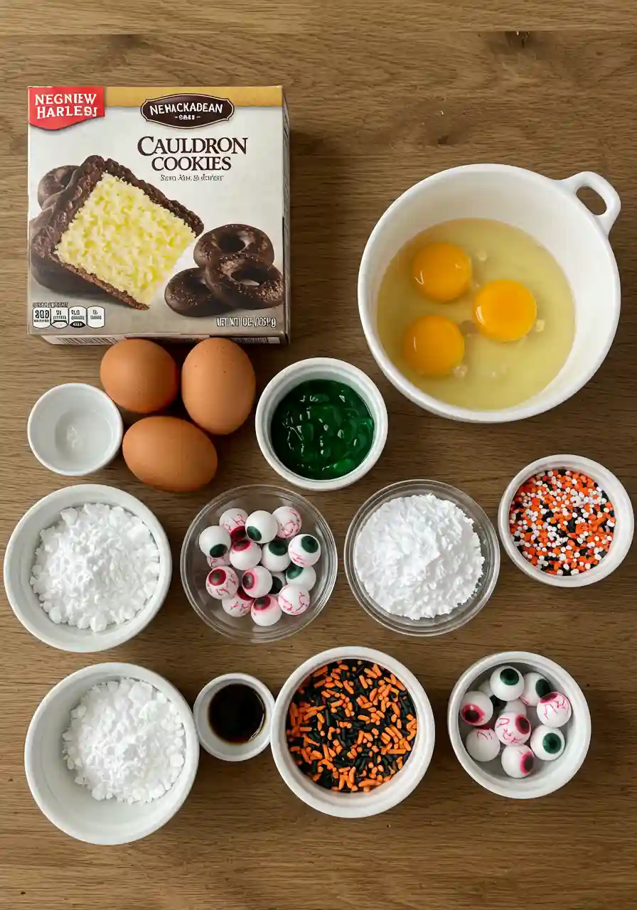 Cauldron Cookies ingredients setup Flatlay of Cauldron Cookies ingredients including cake mix, butter, eggs, powdered sugar, food coloring, and candy eyeballs.