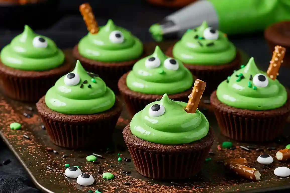 Cauldron Cookies Chocolate cookie cups overflowing with green frosting, candy eyes, and sprinkles