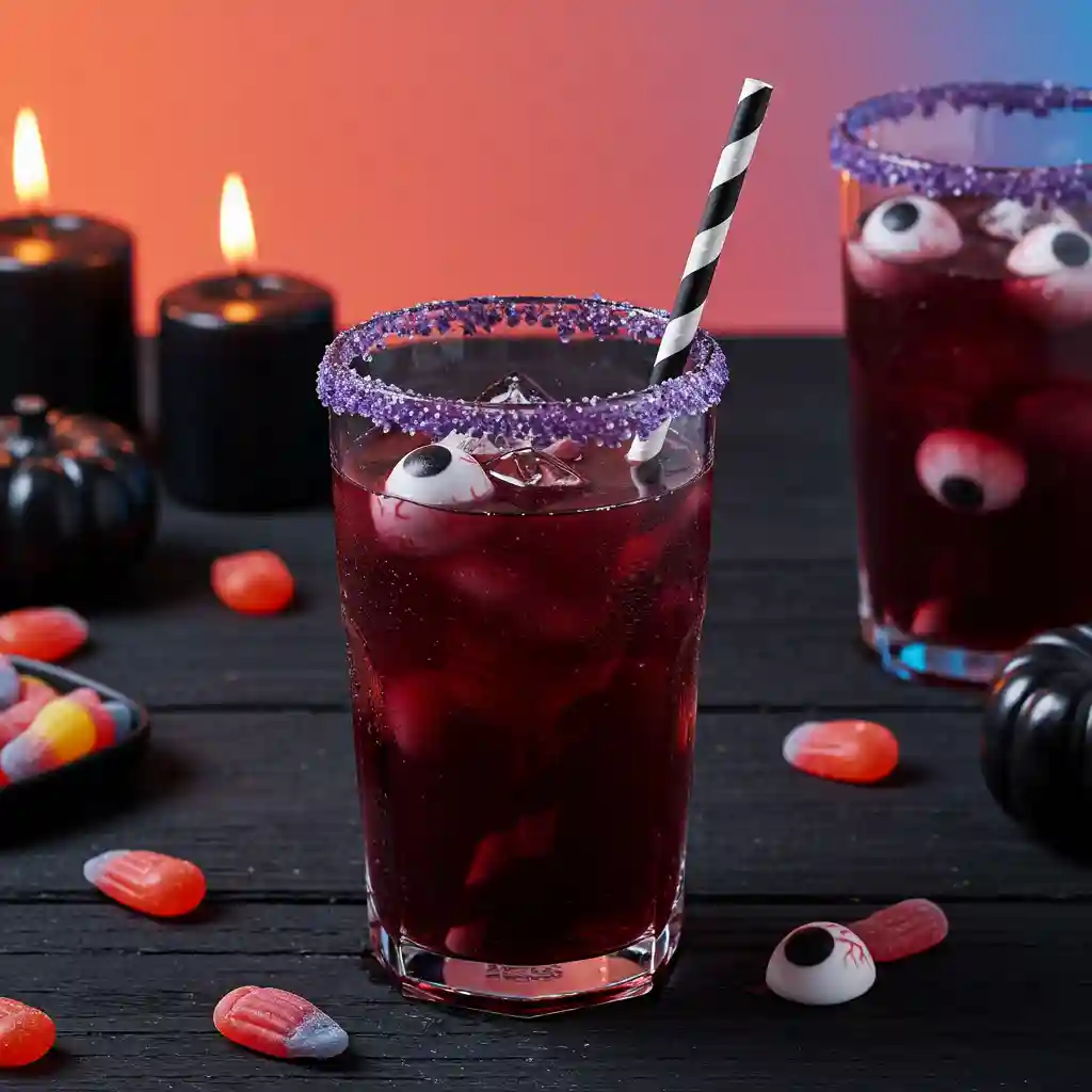 Colorful Purple Halloween Punch Recipe Purple Halloween punch in sugar-rimmed glass with eyeballs and striped straw