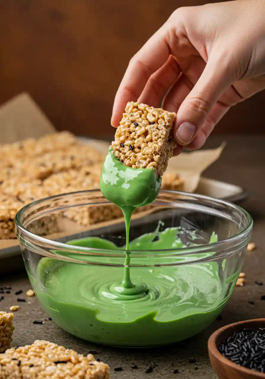 Dipping Frankenstein Rice Krispie Treats in green candy_compressed Hand dipping Rice Krispie bar into green candy melts with sprinkles nearby