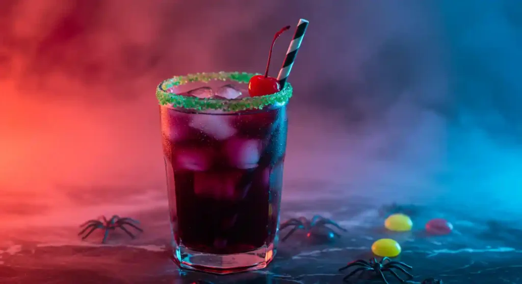 A glass of Drunk Witch cocktail with green sugar rim, cherry garnish, and purple drink over ice on a moody black marble surface.