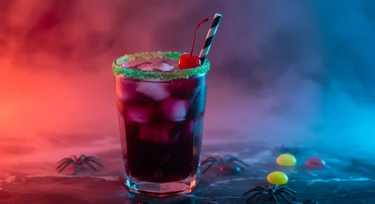 A glass of Drunk Witch cocktail with green sugar rim, cherry garnish, and purple drink over ice on a moody black marble surface.