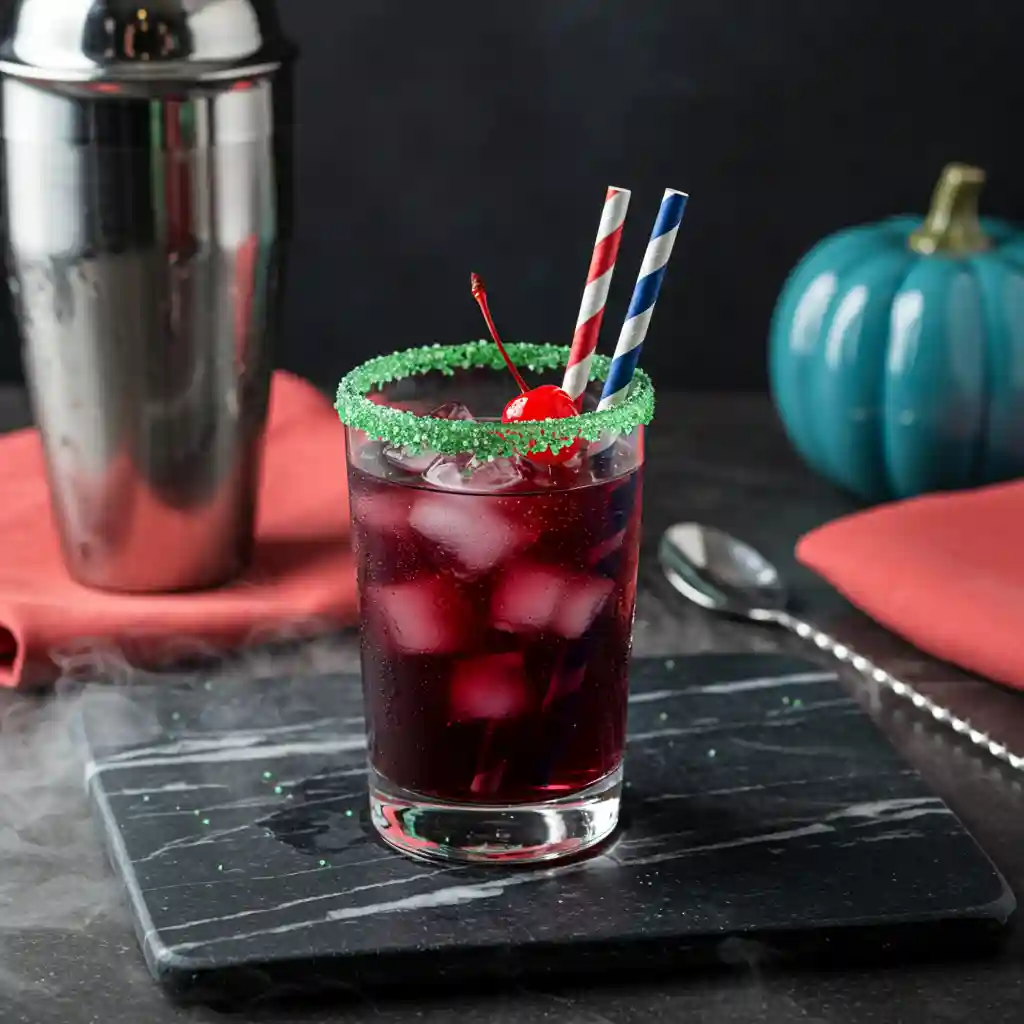 Drunk Witch Cocktail in Cozy Moody Kitchen Drunk Witch cocktail in a tumbler with green sugar rim and purple body on the dark walnut island beside the shared shaker and coral napkin.