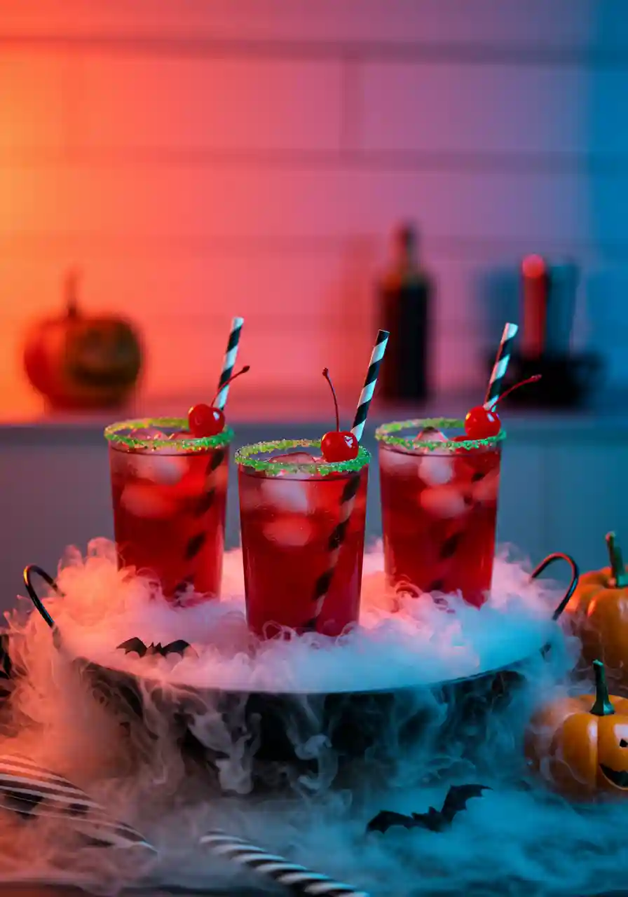 Drunk Witch Halloween Cocktails Served on a Tray_compressed Three Drunk Witch cocktails on a tray surrounded by fog, mini pumpkins, and Halloween party props with a glowing coral and blue background.