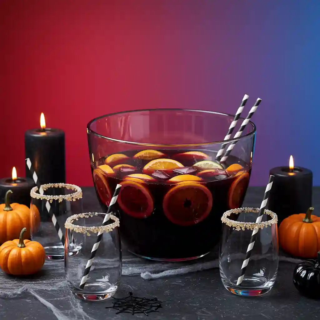 Festive Halloween Party Punch Recipe Halloween punch in punch bowl with citrus slices and sugar-rimmed glasses