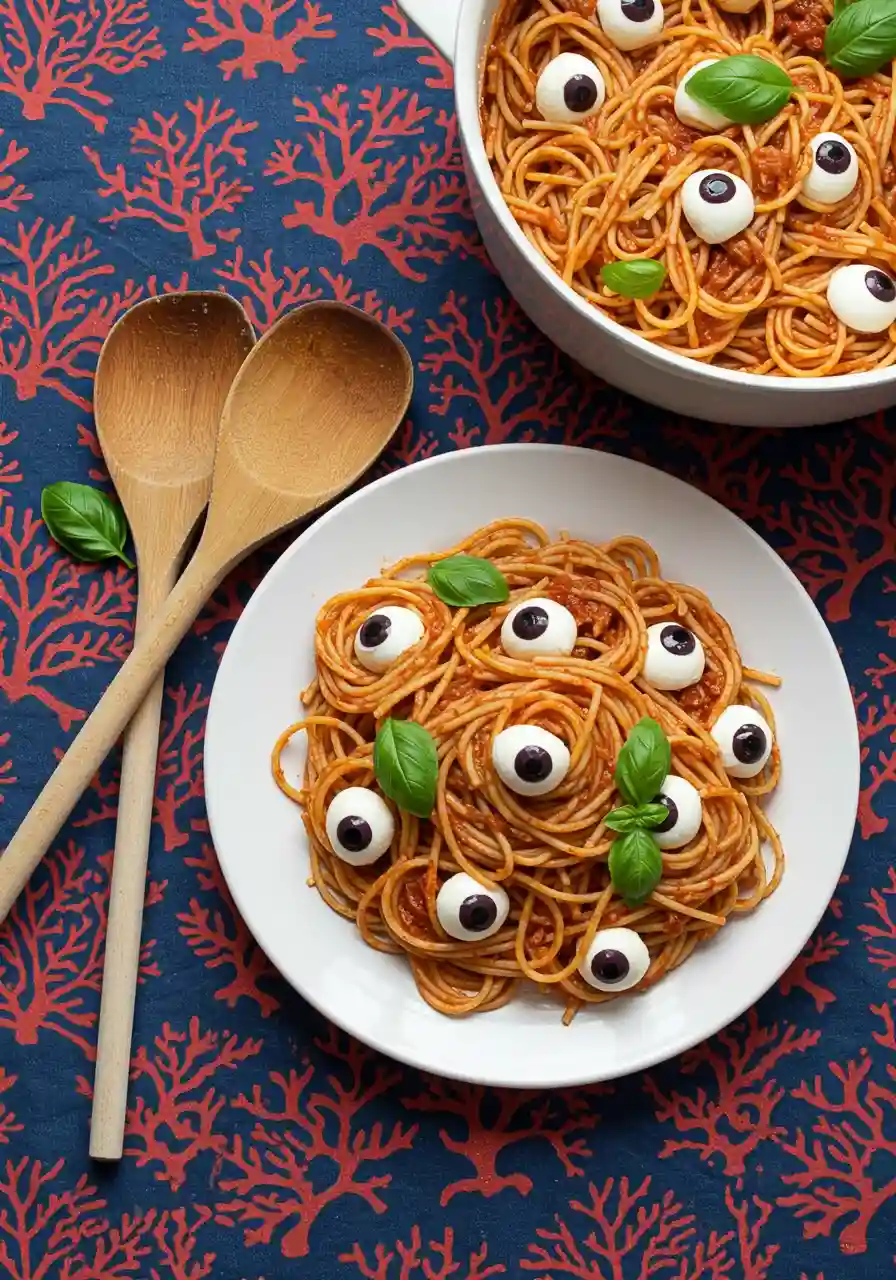 Final Serving of Spaghetti with Mozzarella Eyeballs Spaghetti with mozzarella eyeballs served with coral red and deep blue linens