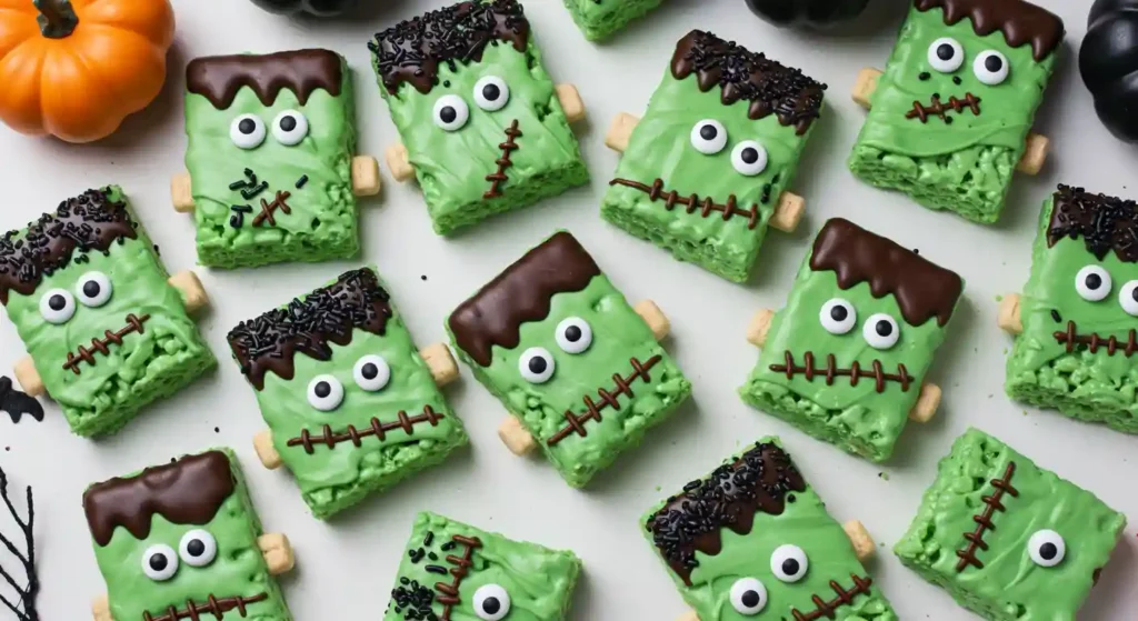 Overhead shot of Frankenstein Halloween Rice Krispie Treats decorated with green candy melts, candy eyes, and black sprinkles