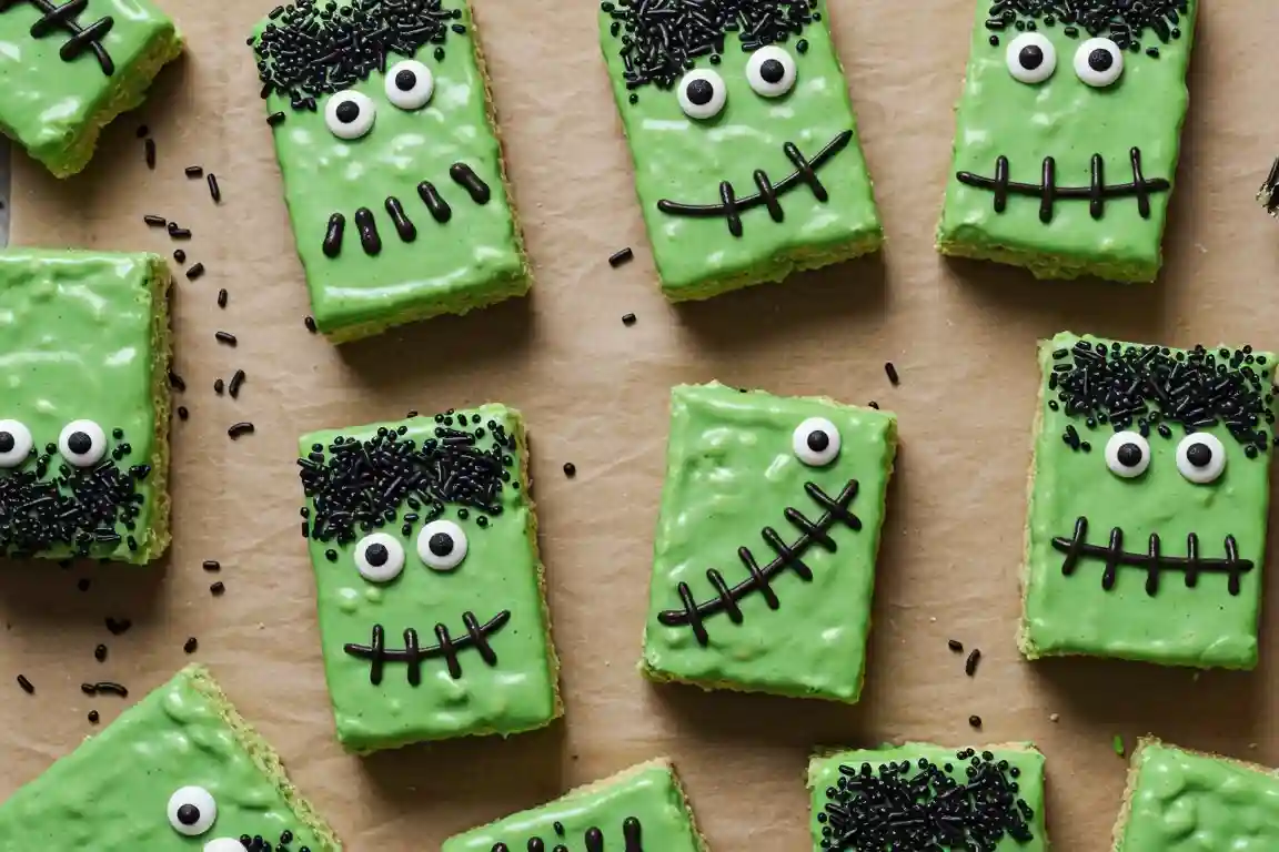 Frankenstein Halloween Rice Krispie Treats Rice Krispie bars dipped in green candy with black sprinkle hair, icing eyes, and piped stitches