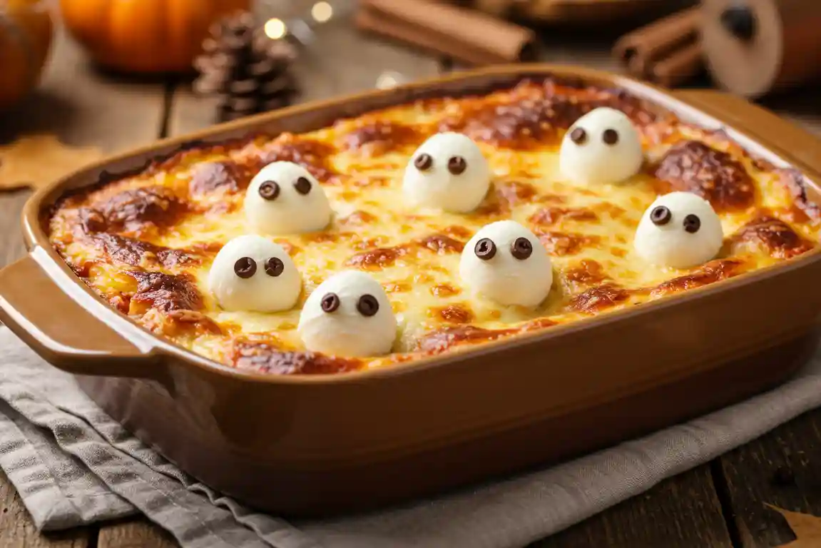 Ghostly Halloween Lasagna Ghostly lasagna topped with mozzarella ghosts and olive eyes.