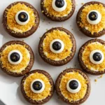 Halloween stuffed mushrooms decorated as eyeballs with olives and breadcrumbs