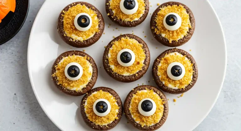 Halloween stuffed mushrooms decorated as eyeballs with olives and breadcrumbs