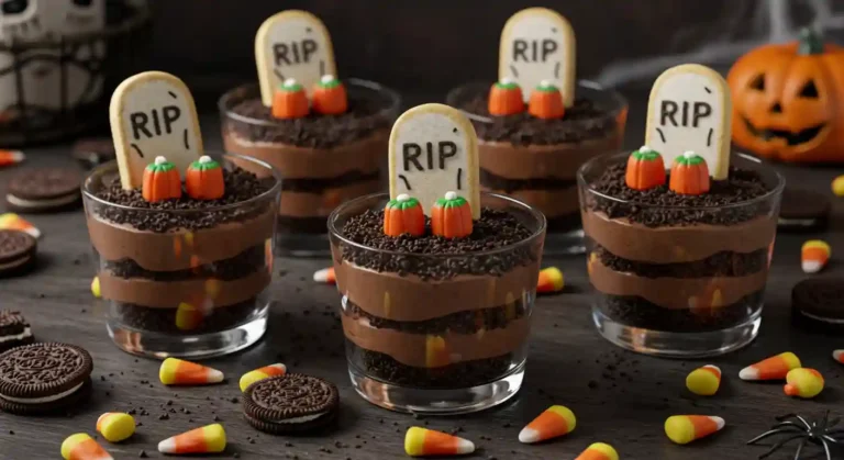 Clear cups of Graveyard Pudding Cookie Cups with Oreo dirt, cookie tombstones, and candy pumpkins on a Halloween table