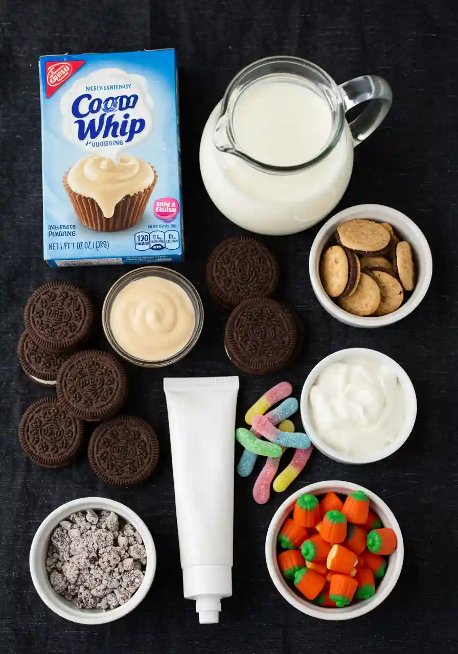 Graveyard Pudding Cookie Cups Ingredients Flatlay Flatlay of Oreo cookies, pudding mix, milk, whipped topping, Milano cookies, and candy pumpkins for Graveyard Pudding Cookie Cups