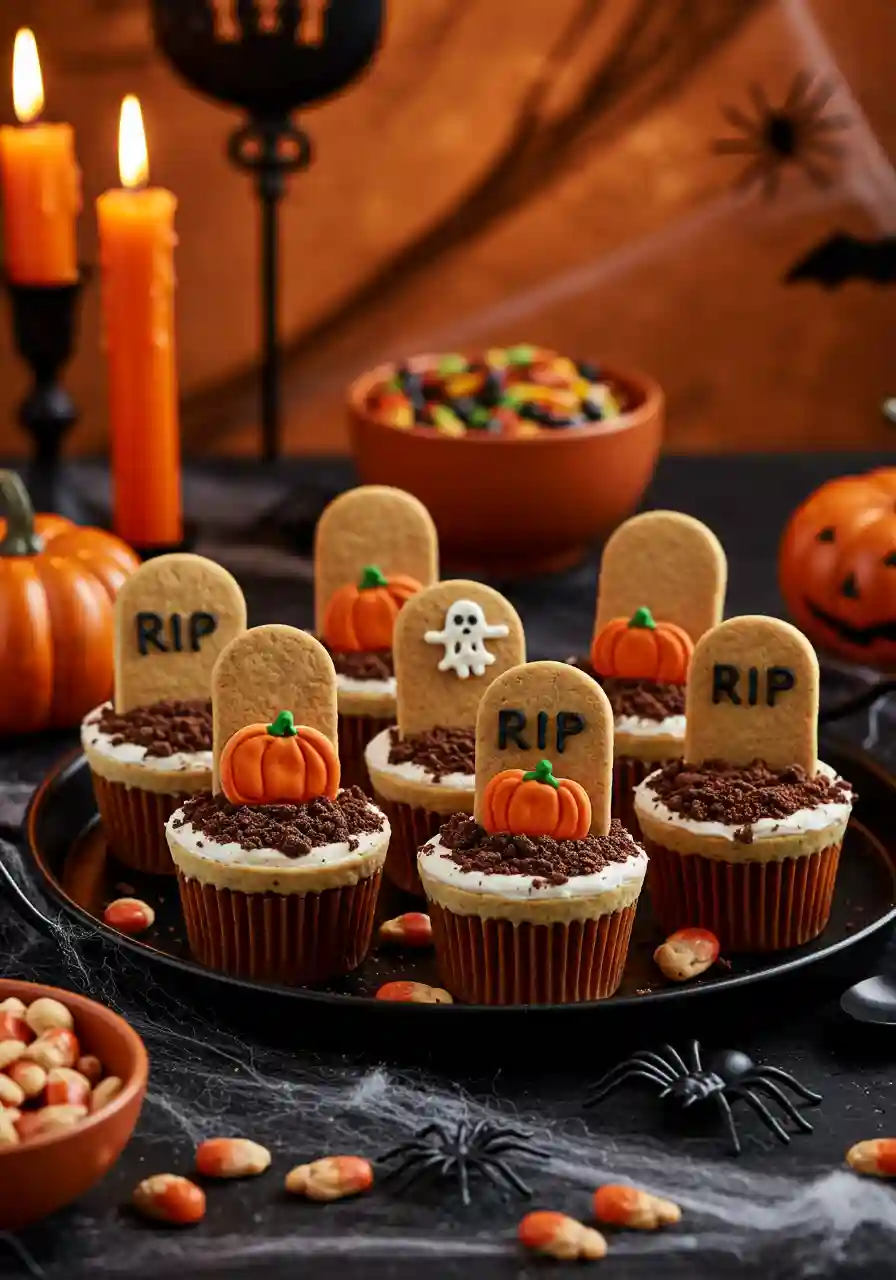 Graveyard Pudding Cookie Cups Party Display Halloween dessert table with multiple Graveyard Pudding Cookie Cups decorated with tombstones and candy pumpkins