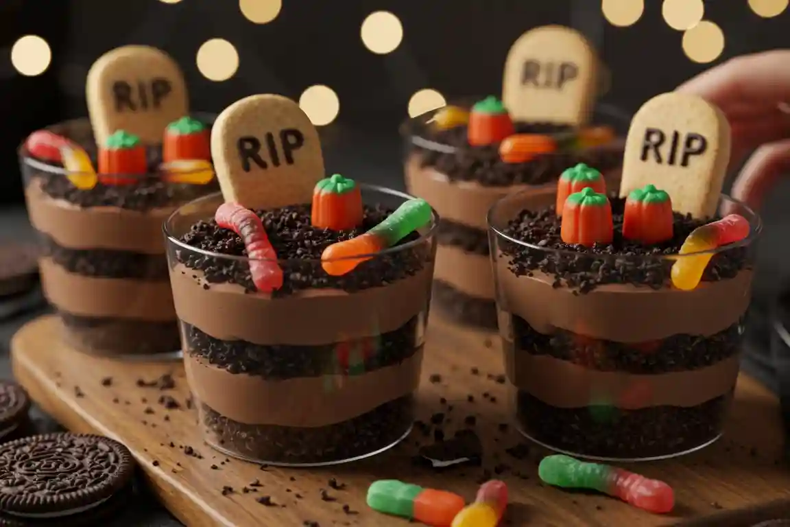 Graveyard Pudding Cookie Cups Clear cups layered with chocolate pudding and Oreo “dirt,” topped with cookie tombstones and candy pumpkins