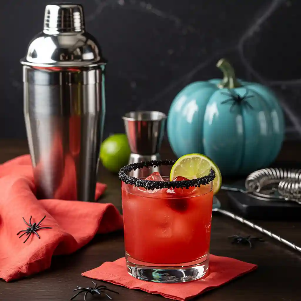 Hallow-Rita Margarita with Black Rim in Shared Set Hallow-Rita margarita with black sugar rim, red float, and lime wedge on the dark walnut island with the shared shaker and coral napkin.