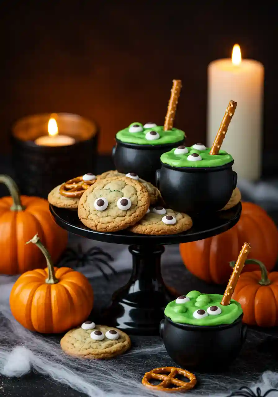 Halloween Cauldron Cookies on dessert table Decorated Cauldron Cookies with green frosting, candy eyes, and pretzel sticks on a black cake stand with Halloween props.