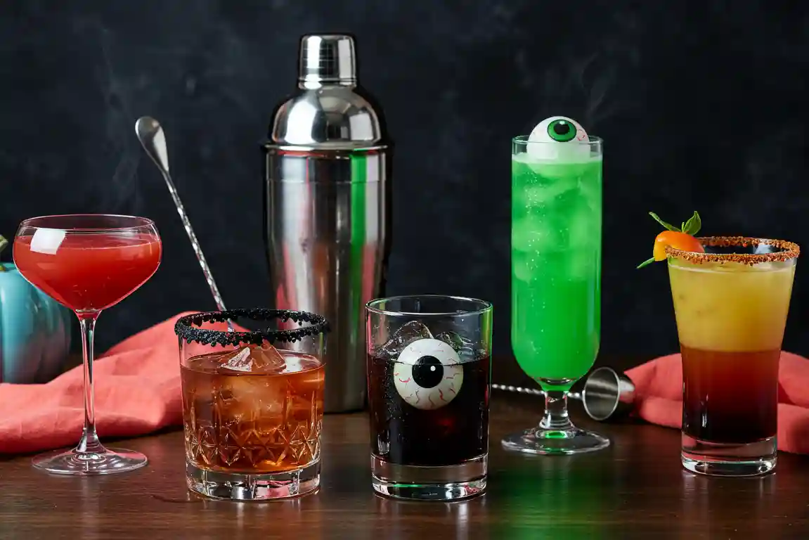 Five Halloween cocktails arranged in an arc on a dark walnut island with the shared shaker, coral napkin, and blue ceramic pumpkin.