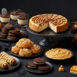 Halloween dessert buffet with cheesecake, brownies, cookies, cupcakes, fudge, and mummy hot dogs on a dark table