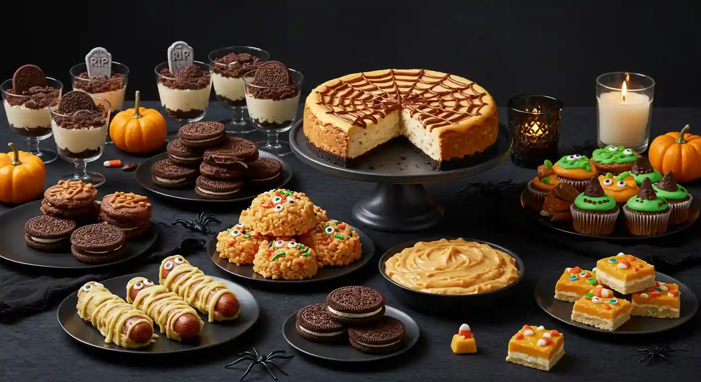Halloween dessert buffet with cheesecake, brownies, cookies, cupcakes, fudge, and mummy hot dogs on a dark table