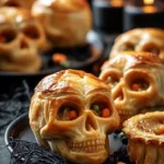 Freshly baked skull chicken pot pies cooling in silicone molds on a tray