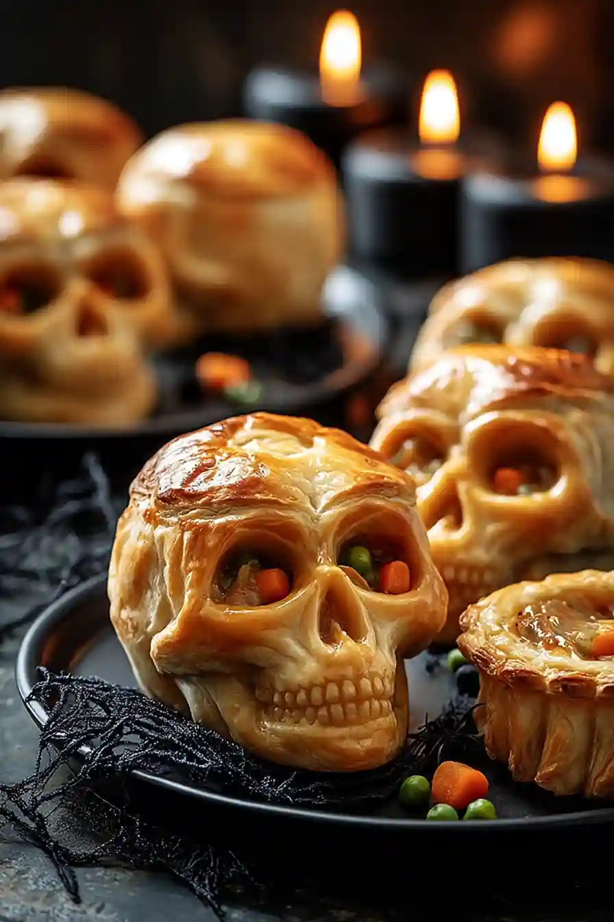 Halloween Dinner Idea Chicken Pot Pies_c Freshly baked skull chicken pot pies cooling in silicone molds on a tray