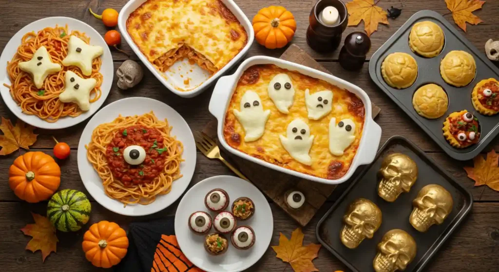 Halloween dinner roundup featuring 5 spooky recipes on a rustic table.