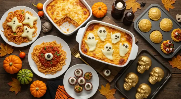 Halloween dinner roundup featuring 5 spooky recipes on a rustic table.