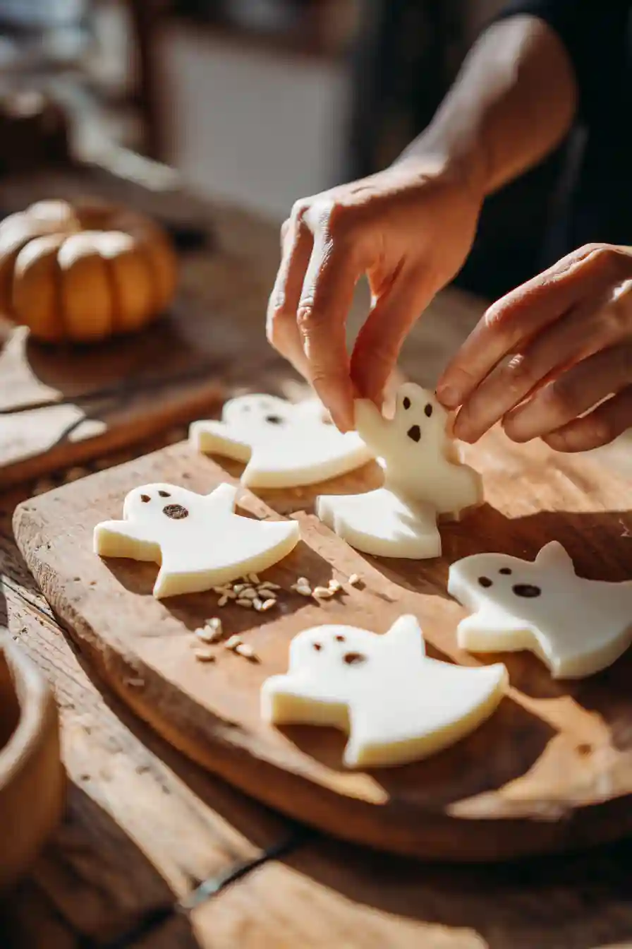 Cutting ghost shapes from mozzarella for Halloween mac and cheese.