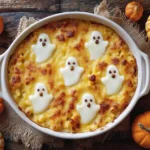 Halloween mac and cheese with ghost mozzarella in a white baking dish.