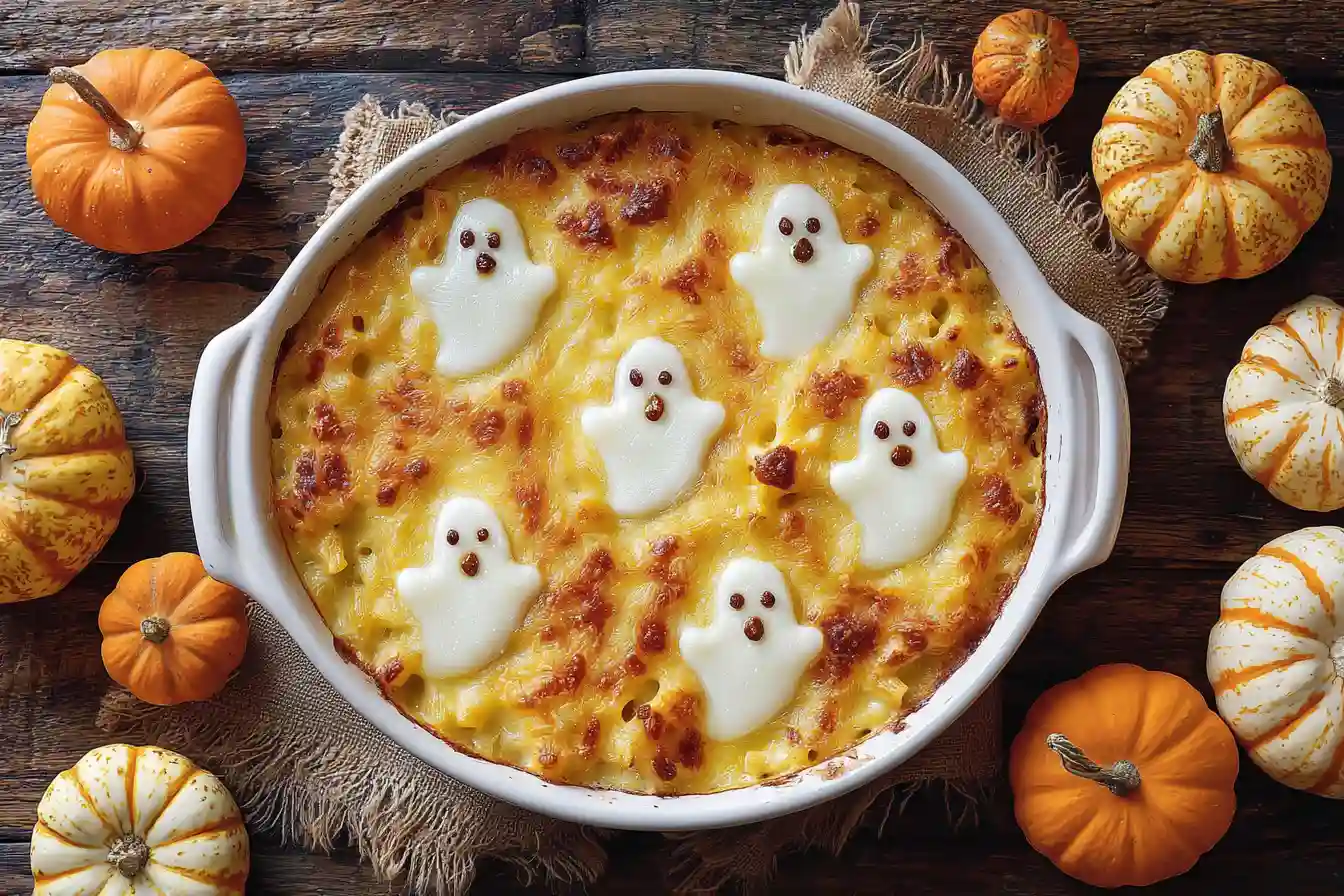 Halloween mac and cheese with ghost mozzarella in a white baking dish.