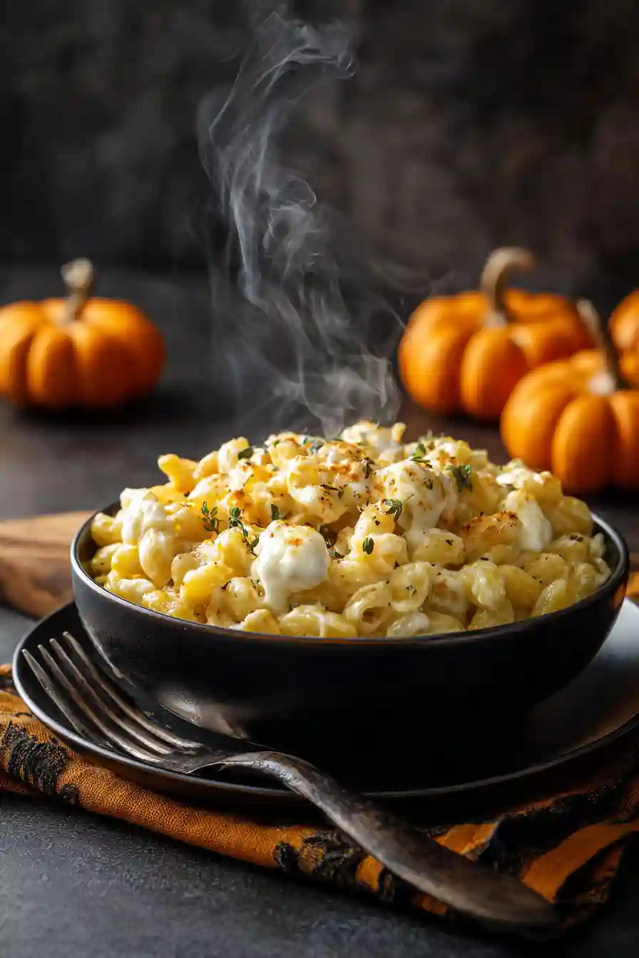 Bowl of Halloween mac and cheese with ghost mozzarella topping.