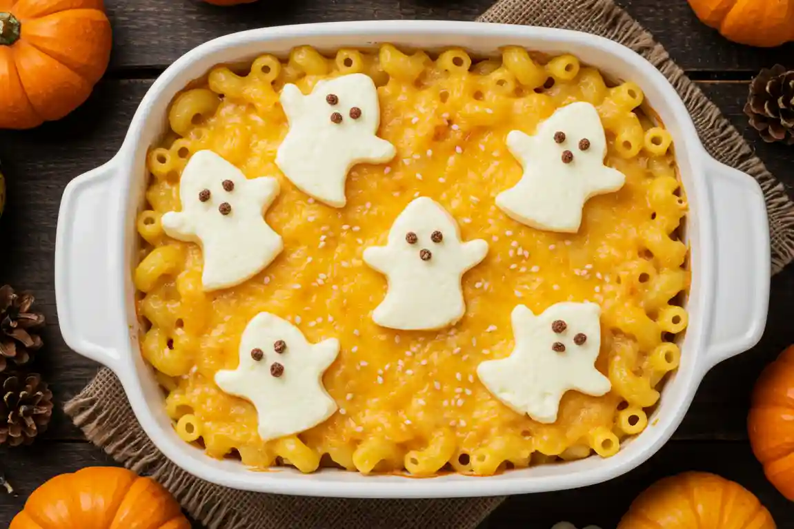 Halloween Mac and Cheese with Mozzarella Ghosts Halloween mac and cheese topped with ghost mozzarella slices and sesame eyes.