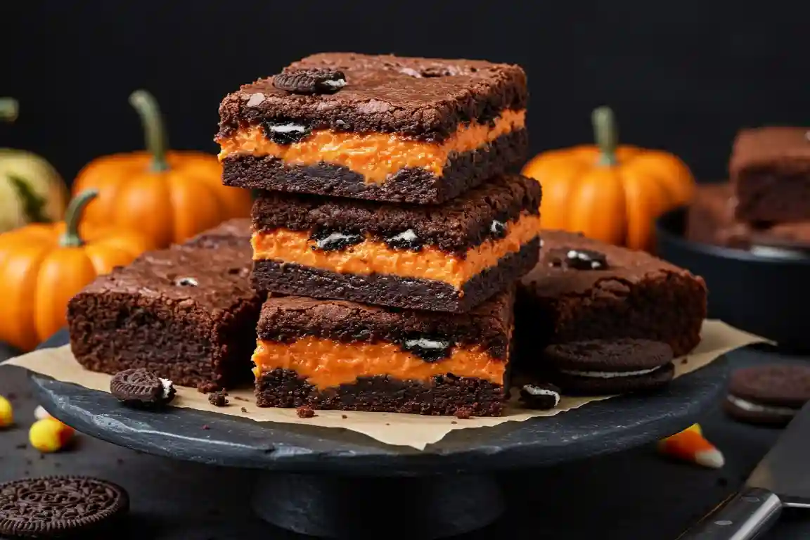 Halloween Oreo Brownies Stacked brownie squares showing bright orange Oreo creme and crushed Oreo topping