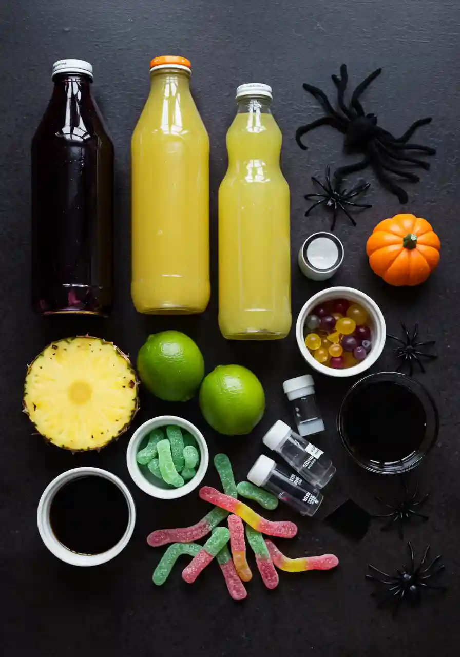 Halloween Punch Ingredients Layout_ Ingredients for purple Halloween punch arranged on a black tabletop