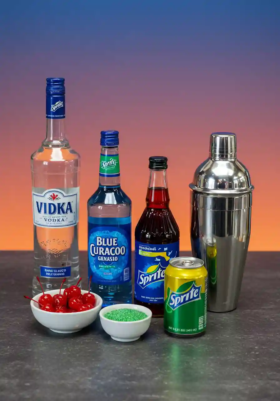 Ingredients for Drunk Witch Cocktail – Overhead View_compressed Overhead flatlay of vodka, Blue Curacao, grenadine, Sprite, cherries, and green sugar on a dark slate counter.