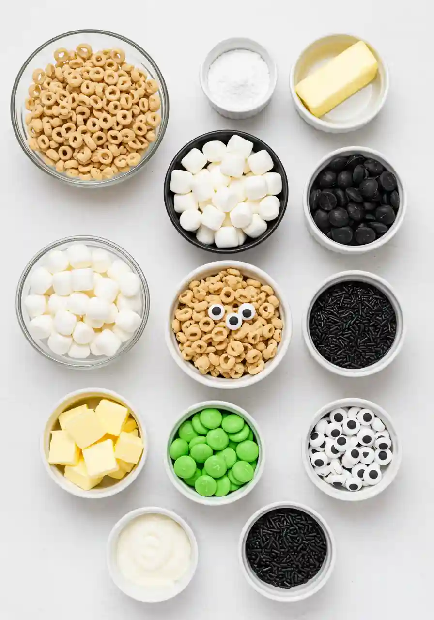 Ingredients for Frankenstein Halloween Rice Krispie Treats_compressed Flatlay of ingredients for Frankenstein Rice Krispie Treats including cereal, marshmallows, candy melts, and sprinkles