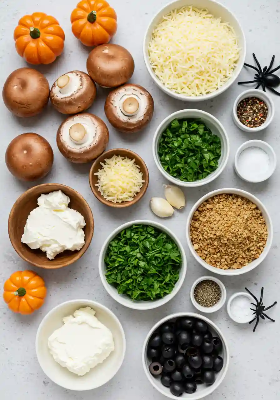 Ingredients for Ghoulish Stuffed Mushrooms Flatlay of ingredients for Halloween eyeball stuffed mushrooms