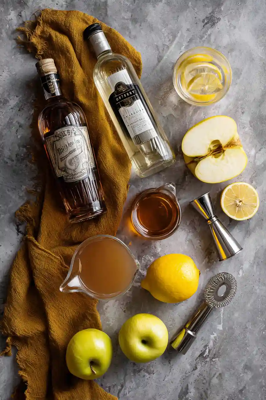 Ingredients for Making a Candy Corn Cocktail_compressed Butterscotch schnapps, vodka, apple cider, and lemon arranged on marble