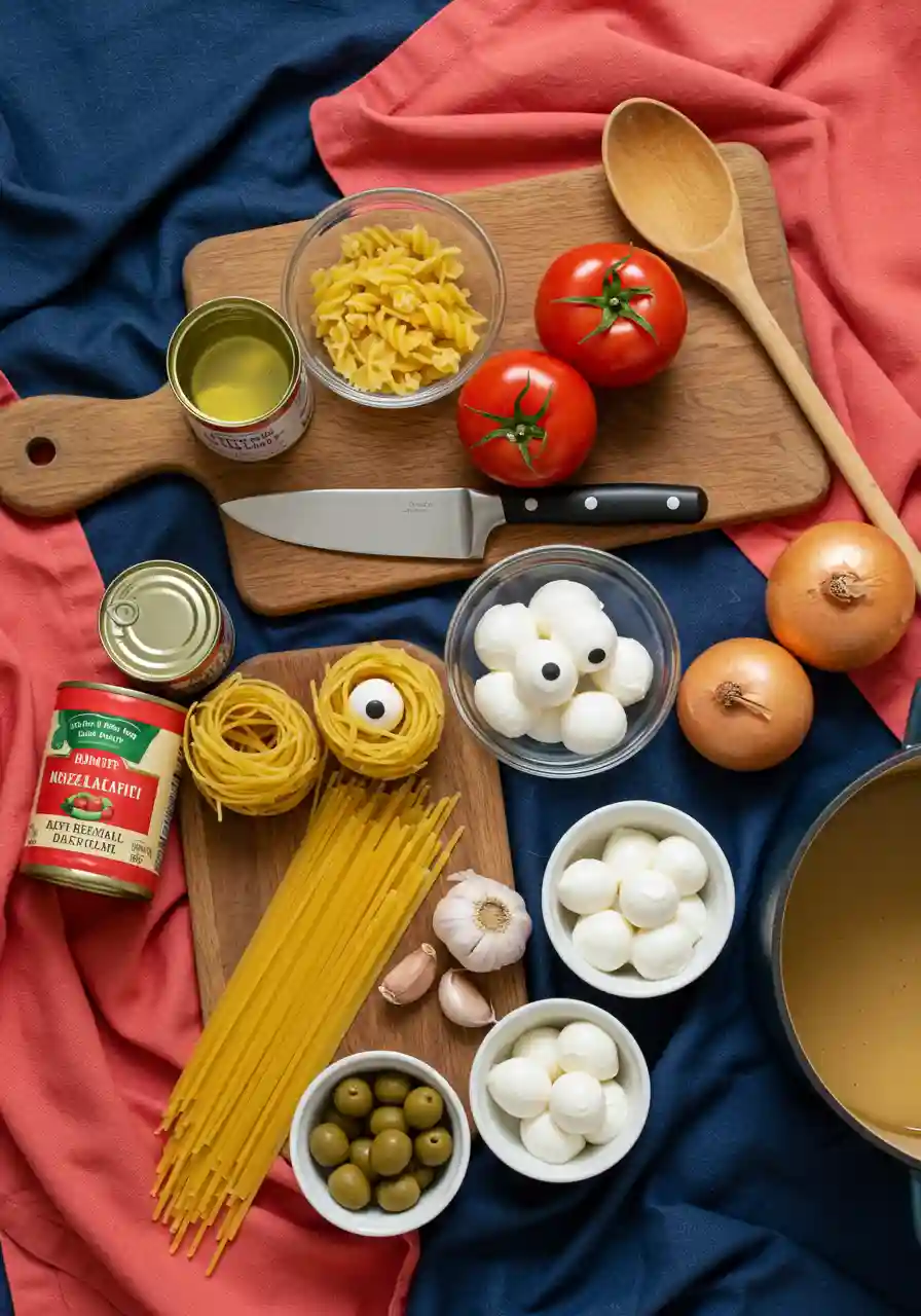 Ingredients for Spaghetti with Mozzarella Eyeballs Ingredients for spaghetti with mozzarella eyeballs styled with brand colors
