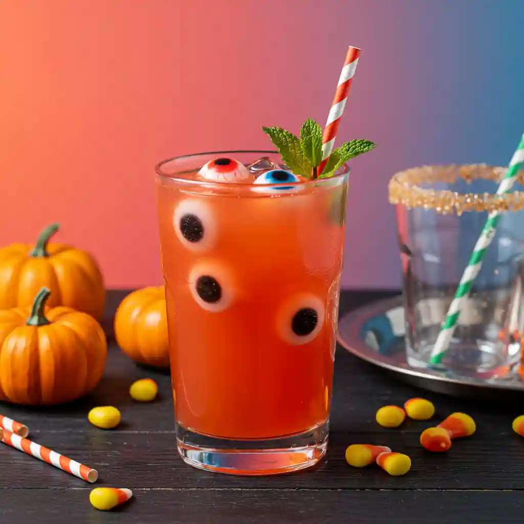 Magical Hocus Pocus Halloween Punch Recipe Hocus Pocus Halloween punch with gummy eyeballs in glass on dark party table