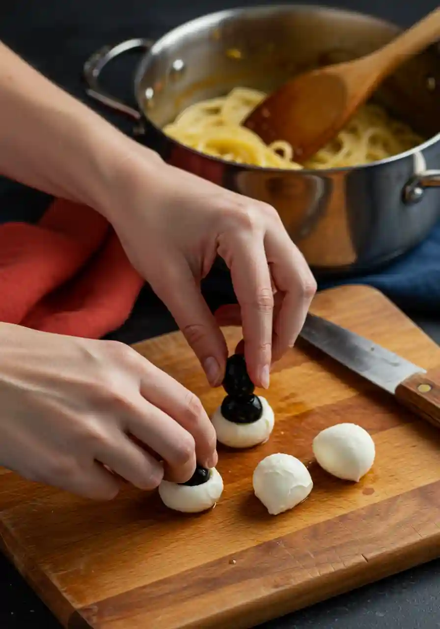 Making Mozzarella Eyeballs for Spaghetti Preparing mozzarella eyeballs for spaghetti with olive halves