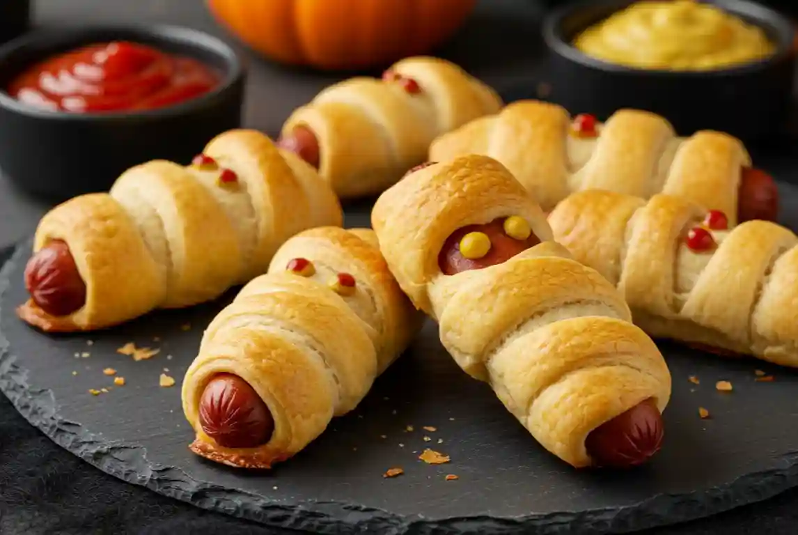 Mummy Hot Dogs Crescent-wrapped hot dogs baked golden with tiny mustard or ketchup eyes