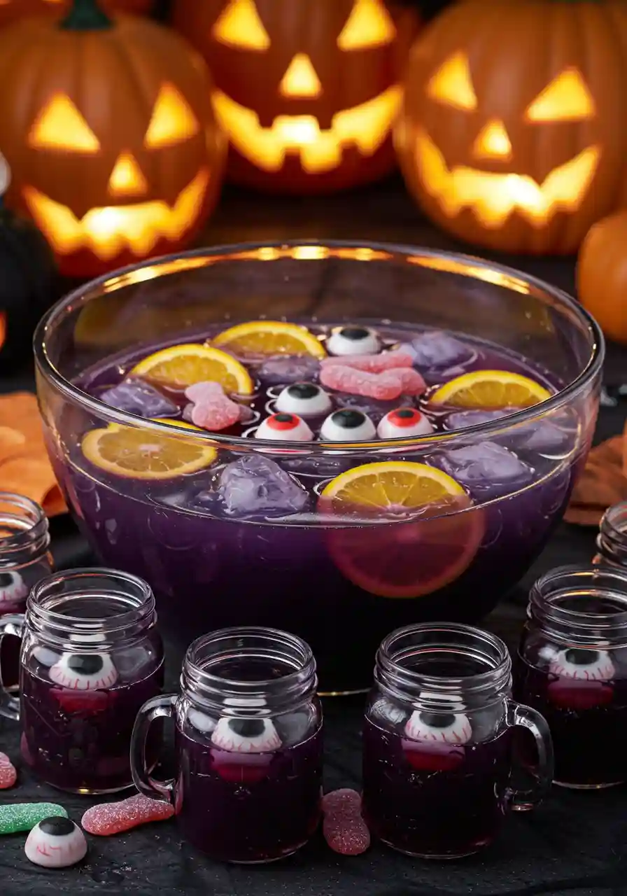 Party-Ready Purple Halloween Punch Bowl Purple Halloween punch in a glass bowl with Halloween cups