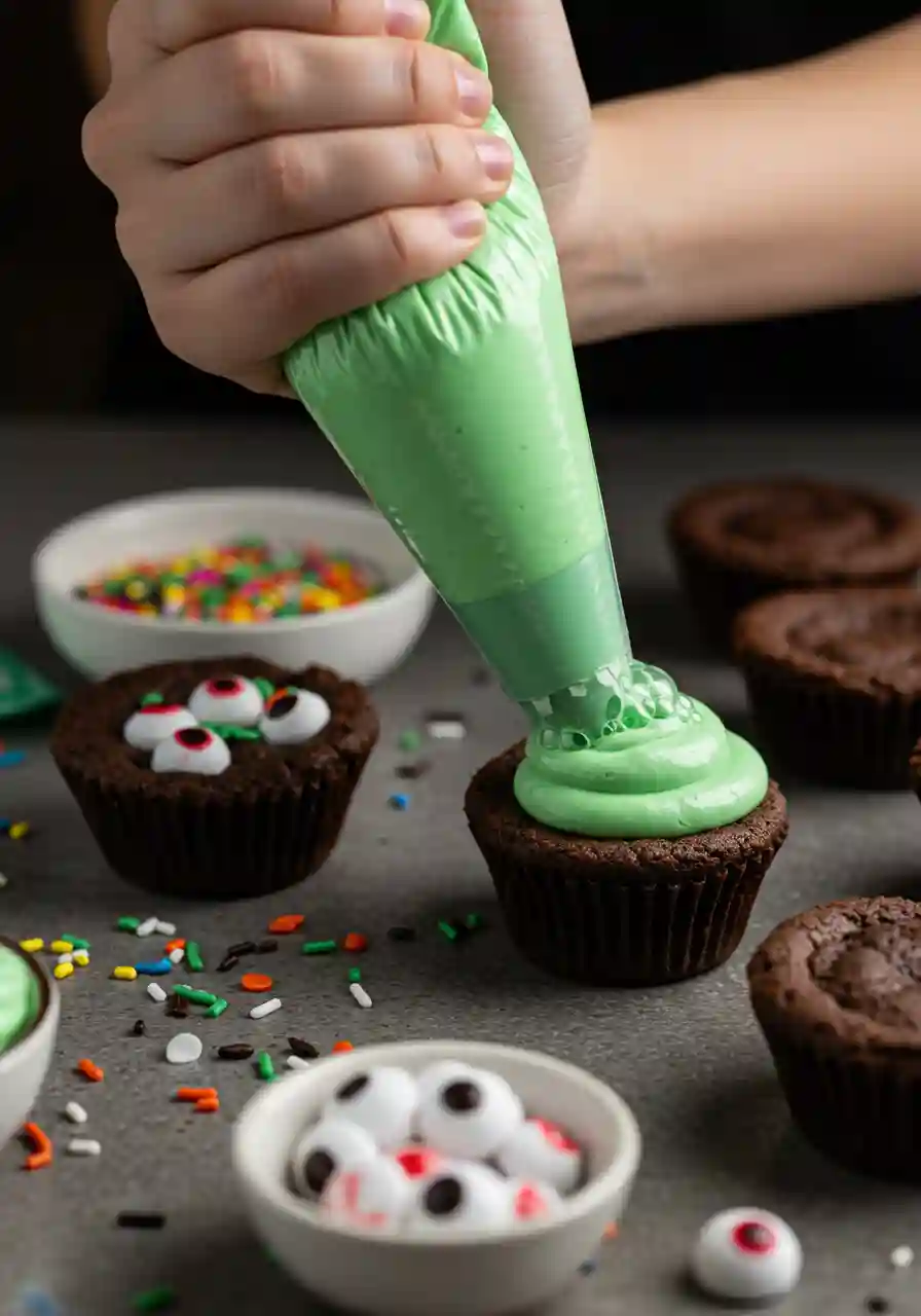 Piping frosting into Cauldron Cookies Hands piping green frosting into chocolate cookie cups with bowls of sprinkles and candy eyes nearby.